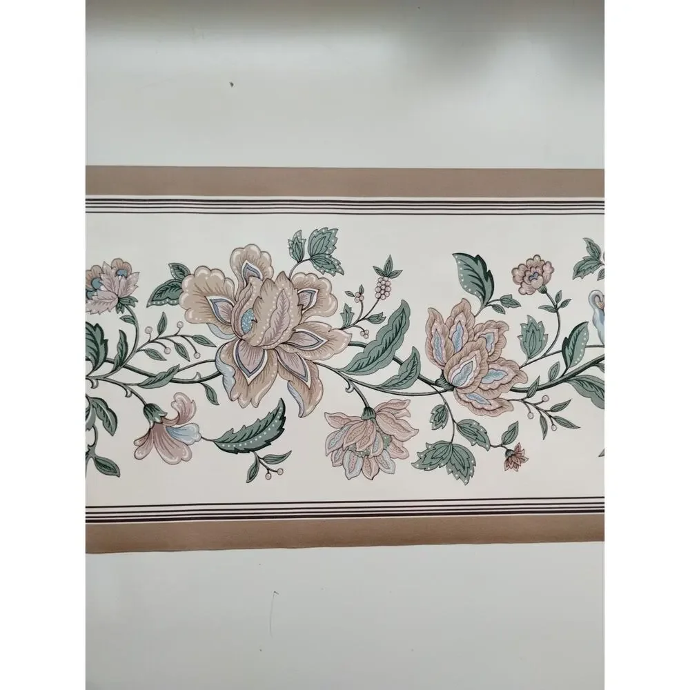 Light Brown Floral Wallpaper Border - Tan / White with Flowers - 5 yds